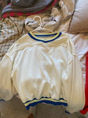 Women’s Cream Crewneck Sweater with Blue Trim
